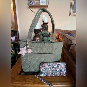 Vera Bradley Olive Quilted Tote Bag with Matching Wallet